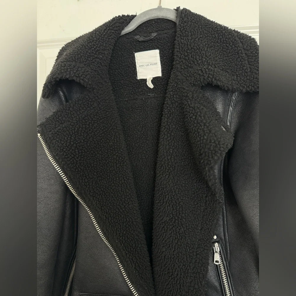 Avec Les Filles Faux Shearling Black Biker Jacket Size M - Picture 8 of 12